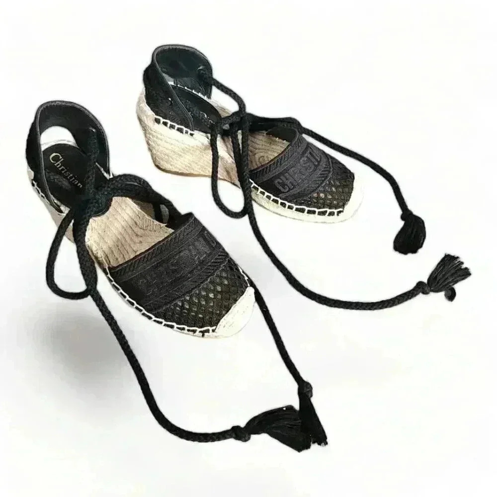 Christian Dior Granville Espadrille Wedge Black Women's 5 Textile Tie 36 - Picture 2 of 9